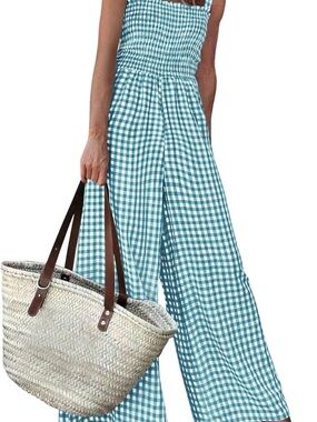 #73 Pretty Garden Smocked Gingham Wide-Leg Jumpsuit - Dusty Blue